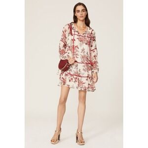 GREAT JONES Boho Floral Print Tiered Mini Dress‎ Tassels Velvet Trim SIZE L